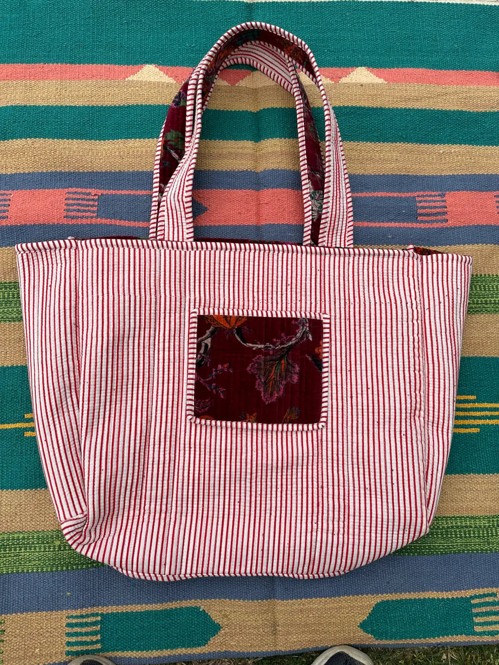 Boho Tote Bag Large Reversible Quilted Velvet Cotton | Beach Weekend Bag Eco friendly Sustainable Sturdy Grocery Shopping Ochre