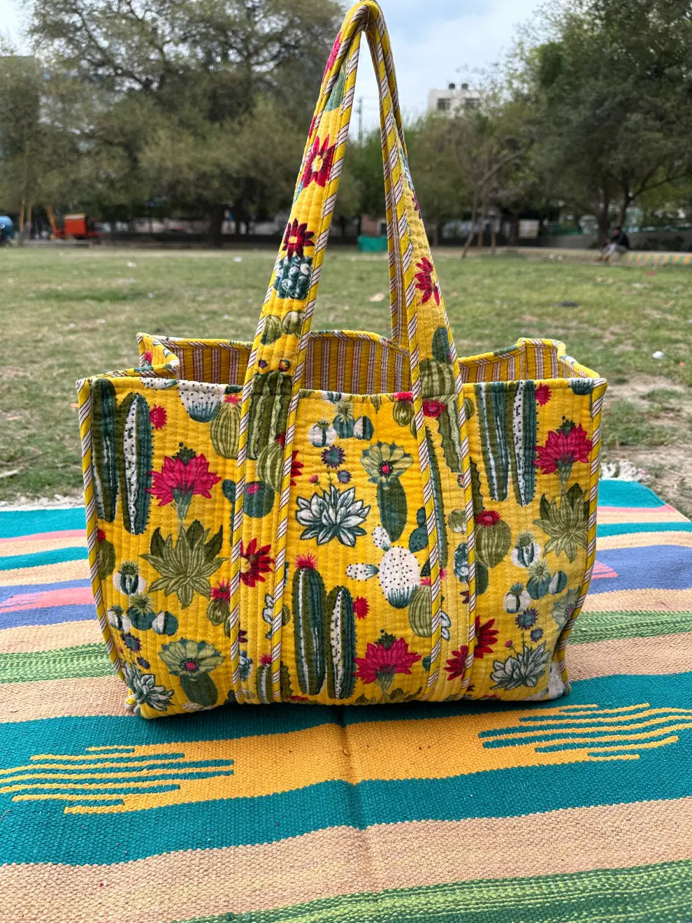 Boho Tote Bag Large Reversible Quilted Velvet Cotton | Beach Weekend Bag Eco friendly Sustainable Sturdy Grocery Shopping Ochre