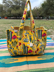 Boho Tote Bag Large Reversible Quilted Velvet Cotton | Beach Weekend Bag Eco friendly Sustainable Sturdy Grocery Shopping Ochre