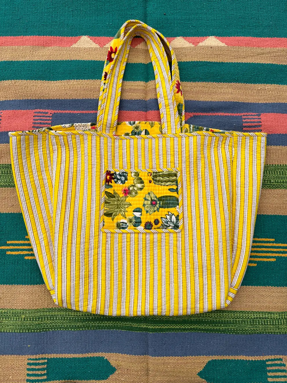 Boho Tote Bag Large Reversible Quilted Velvet Cotton | Beach Weekend Bag Eco friendly Sustainable Sturdy Grocery Shopping Ochre