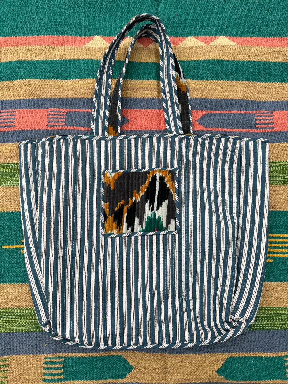 Boho Tote Bag Large Reversible Quilted Velvet Cotton | Beach Weekend Bag Eco friendly Sustainable Sturdy Grocery Shopping Ochre