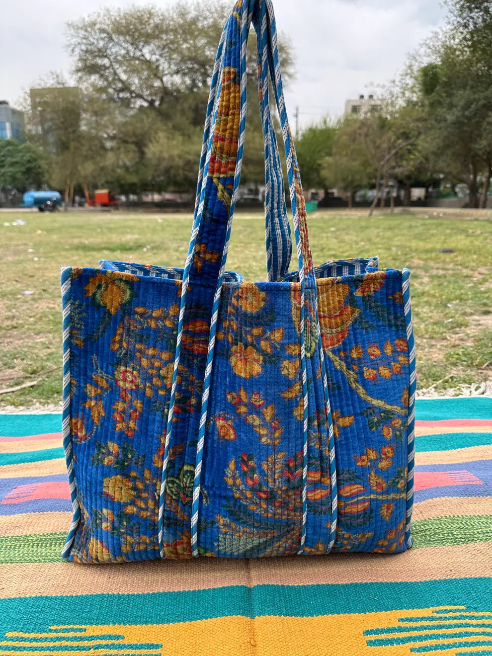 Boho Tote Bag Large Reversible Quilted Velvet Cotton | Beach Weekend Bag Eco friendly Sustainable Sturdy Grocery Shopping Ochre