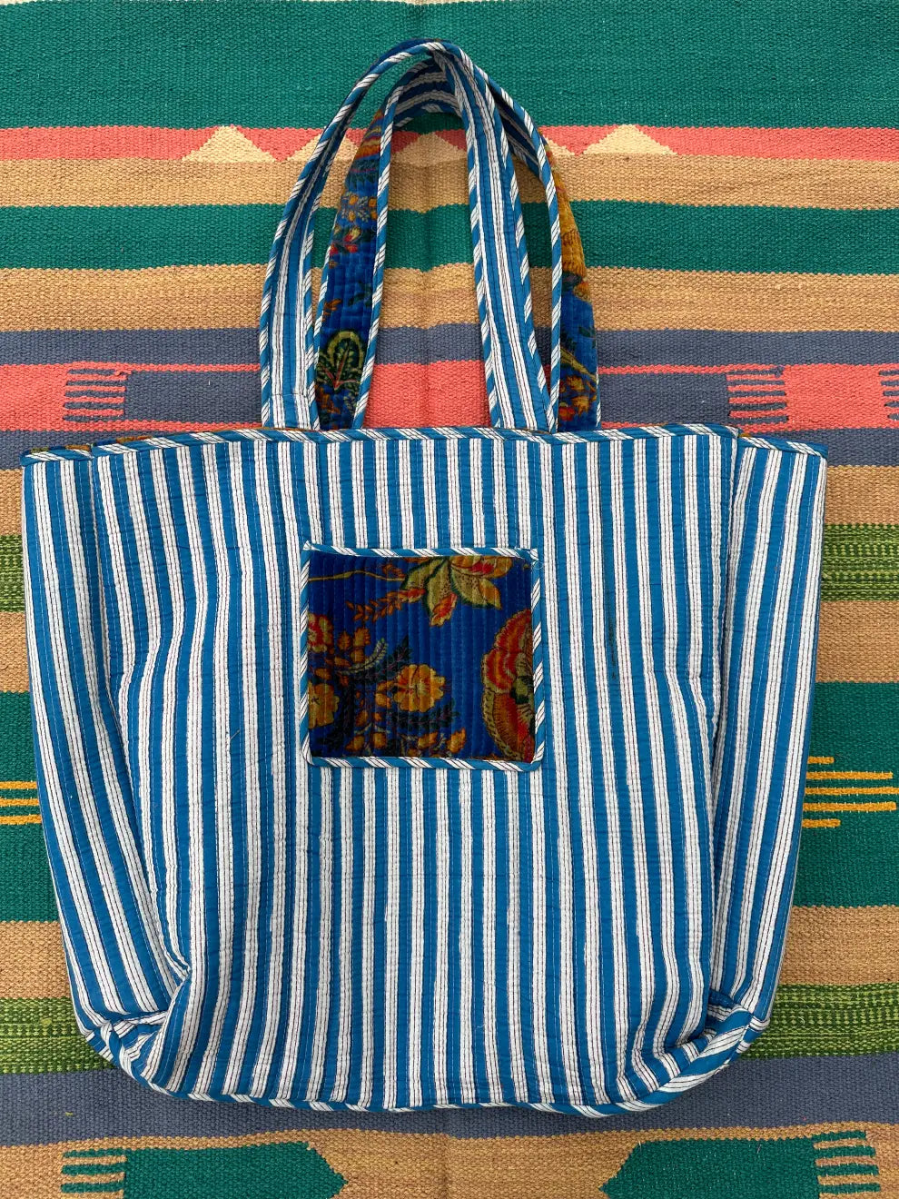 Boho Tote Bag Large Reversible Quilted Velvet Cotton | Beach Weekend Bag Eco friendly Sustainable Sturdy Grocery Shopping Ochre