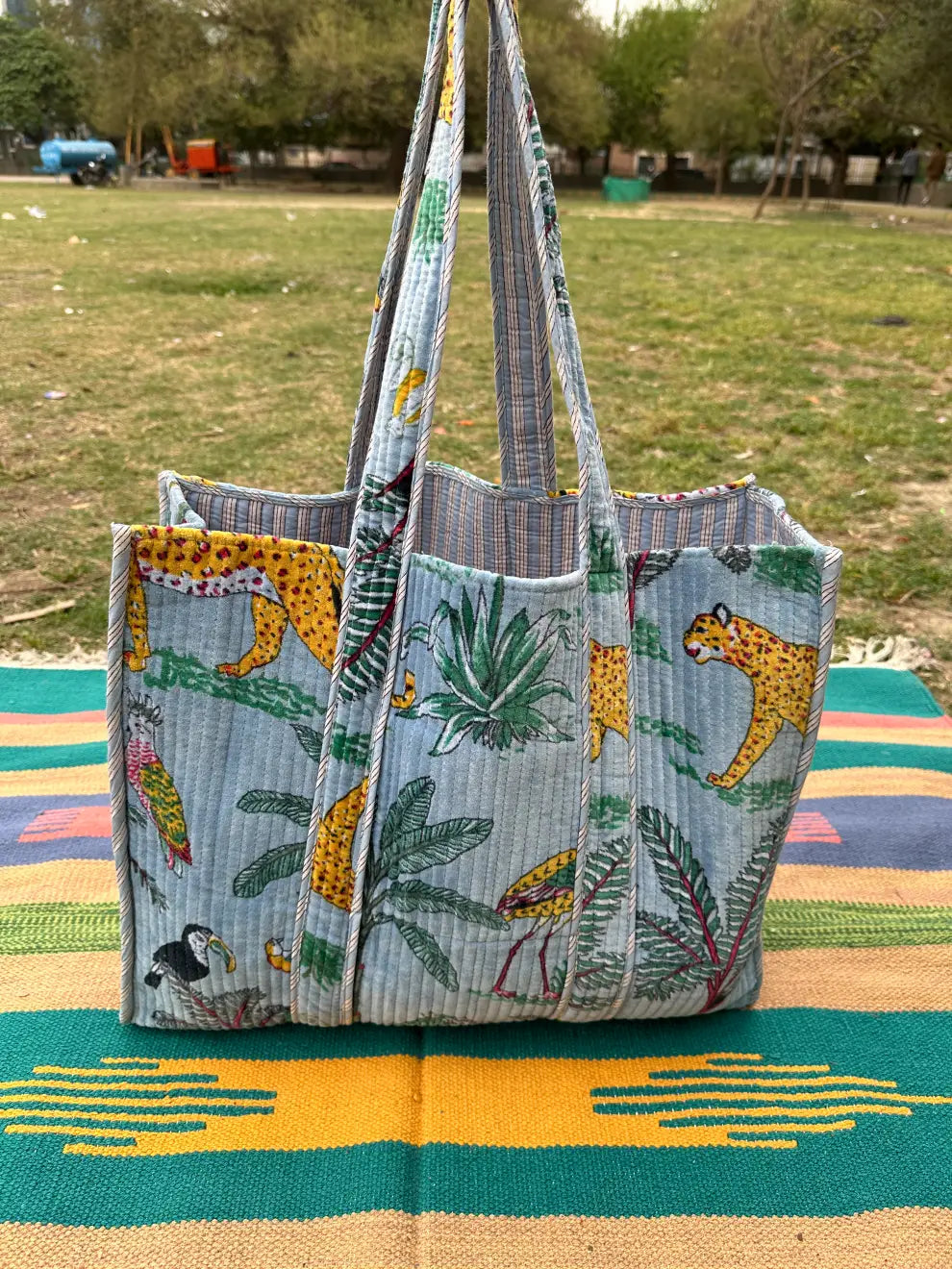 Boho Tote Bag Large Reversible Quilted Velvet Cotton | Beach Weekend Bag Eco friendly Sustainable Sturdy Grocery Shopping Ochre