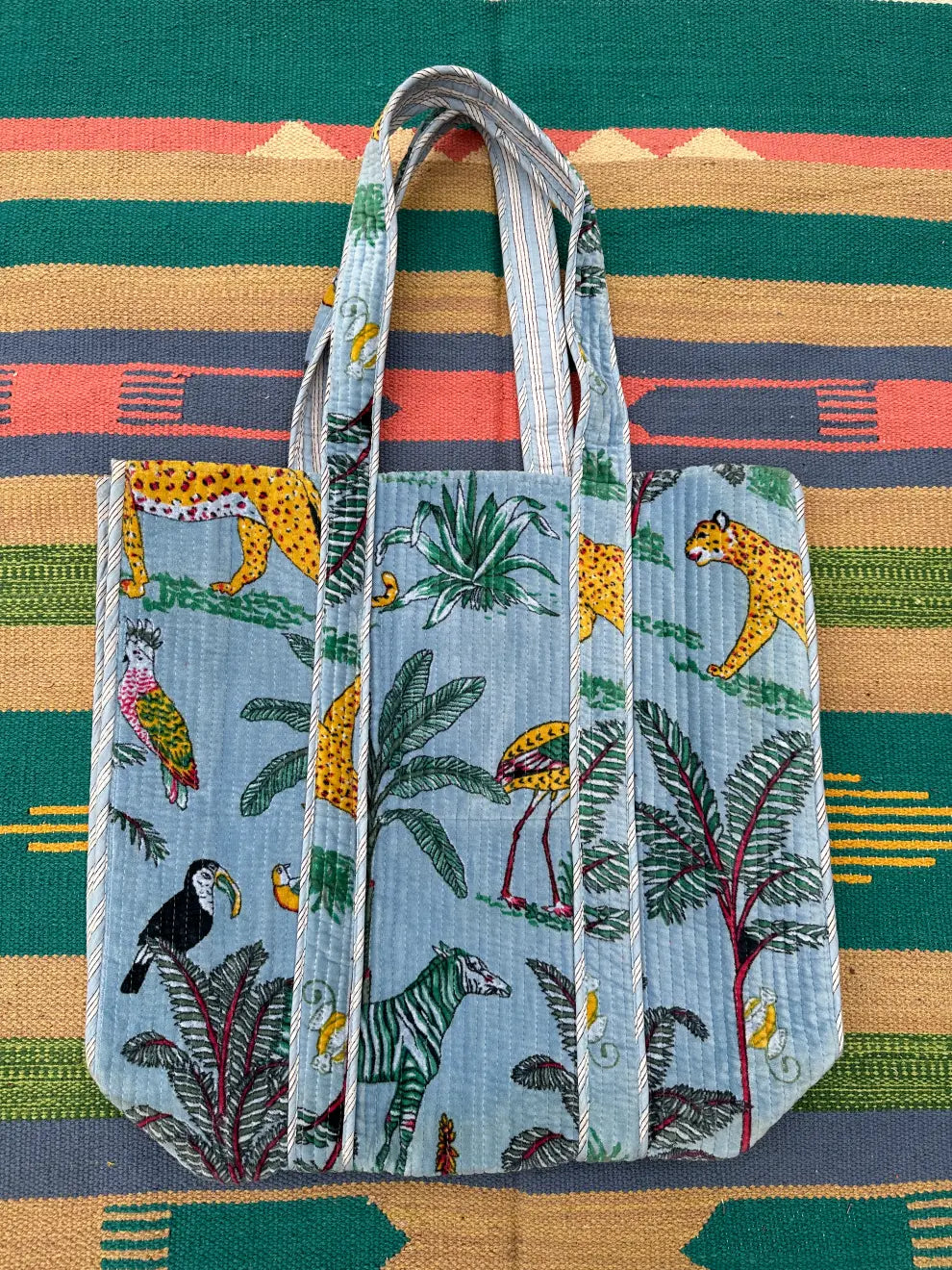 Boho Tote Bag Large Reversible Quilted Velvet Cotton | Beach Weekend Bag Eco friendly Sustainable Sturdy Grocery Shopping Ochre