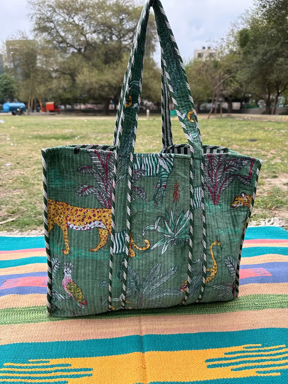 Boho Tote Bag Large Reversible Quilted Velvet Cotton | Beach Weekend Bag Eco friendly Sustainable Sturdy Grocery Shopping Ochre