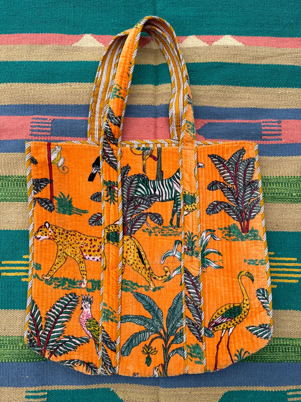 Boho Tote Bag Large Reversible Quilted Velvet Cotton | Beach Weekend Bag Eco friendly Sustainable Sturdy Grocery Shopping Ochre