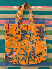 Boho Tote Bag Large Reversible Quilted Velvet Cotton | Beach Weekend Bag Eco friendly Sustainable Sturdy Grocery Shopping Ochre