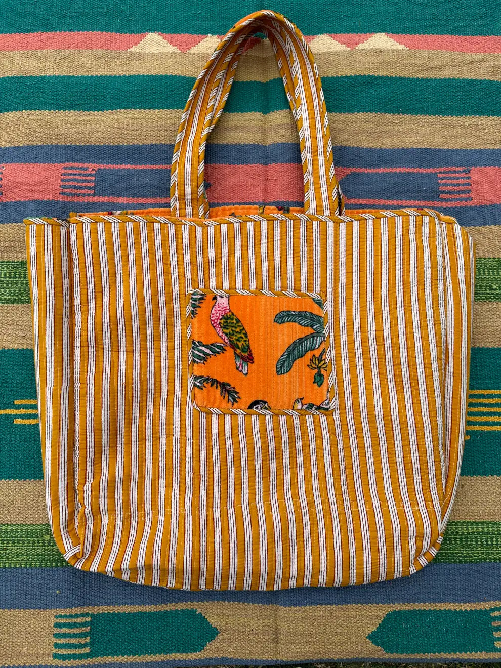 Boho Tote Bag Large Reversible Quilted Velvet Cotton | Beach Weekend Bag Eco friendly Sustainable Sturdy Grocery Shopping Ochre