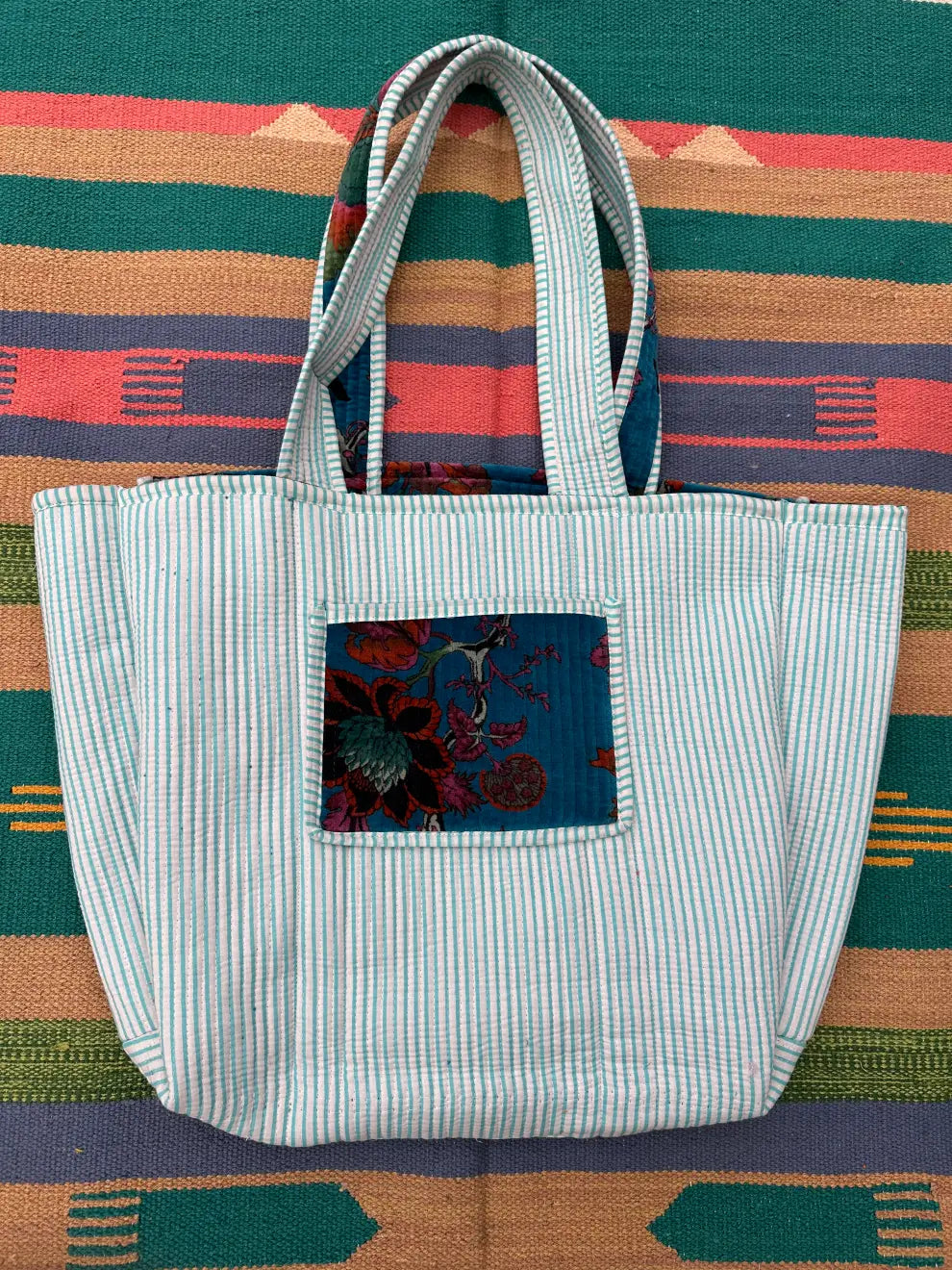 Boho Tote Bag Large Reversible Quilted Velvet Cotton | Beach Weekend Bag Eco friendly Sustainable Sturdy Grocery Shopping Ochre