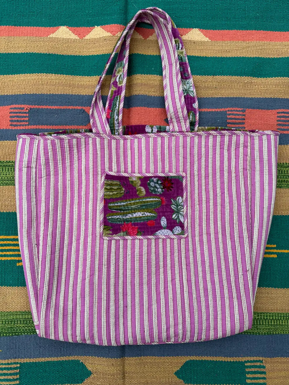 Boho Tote Bag Large Reversible Quilted Velvet Cotton | Beach Weekend Bag Eco friendly Sustainable Sturdy Grocery Shopping Ochre