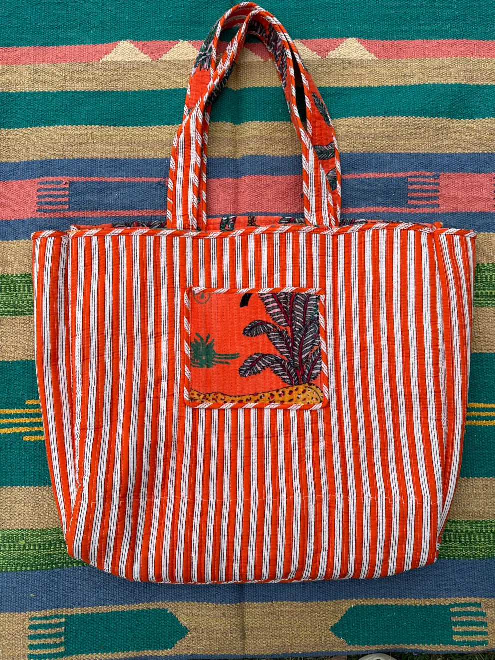 Boho Tote Bag Large Reversible Quilted Velvet Cotton | Beach Weekend Bag Eco friendly Sustainable Sturdy Grocery Shopping Ochre