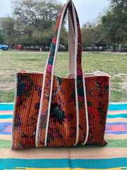 Boho Tote Bag Large Reversible Quilted Velvet Cotton | Beach Weekend Bag Eco friendly Sustainable Sturdy Grocery Shopping Ochre