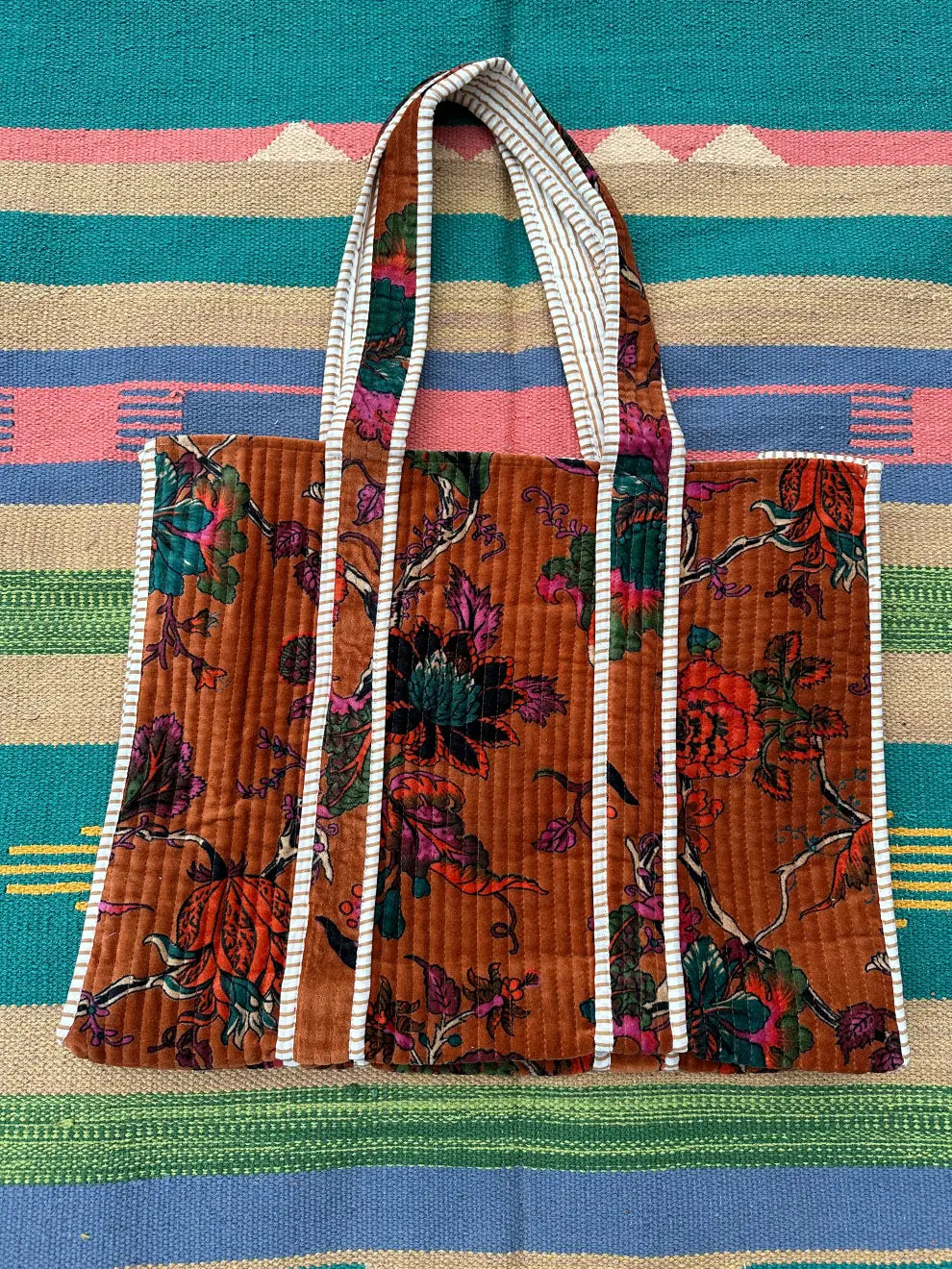 Boho Tote Bag Large Reversible Quilted Velvet Cotton | Beach Weekend Bag Eco friendly Sustainable Sturdy Grocery Shopping Ochre