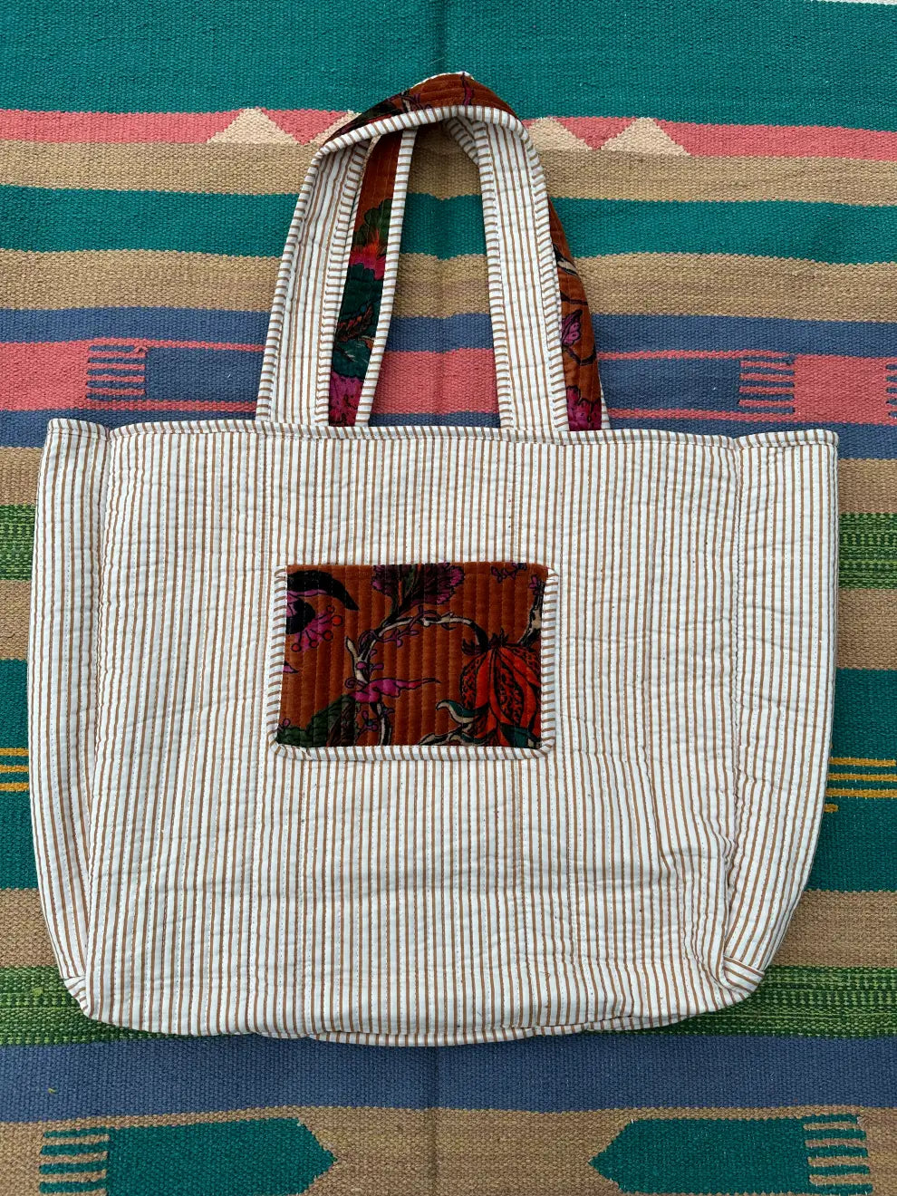 Boho Tote Bag Large Reversible Quilted Velvet Cotton | Beach Weekend Bag Eco friendly Sustainable Sturdy Grocery Shopping Ochre