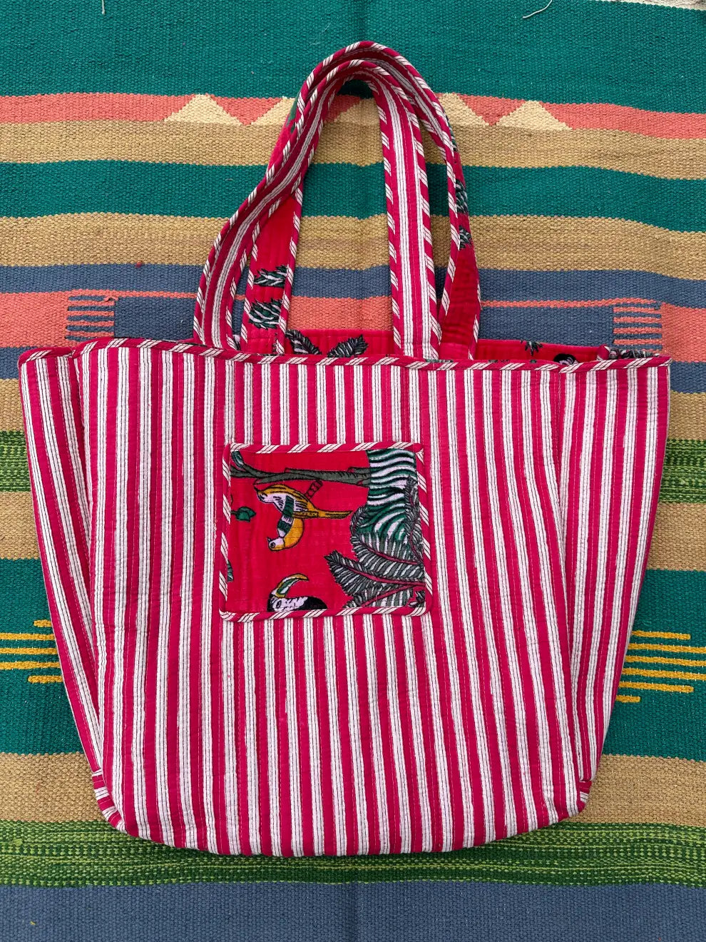 Boho Tote Bag Large Reversible Quilted Velvet Cotton | Beach Weekend Bag Eco friendly Sustainable Sturdy Grocery Shopping Ochre