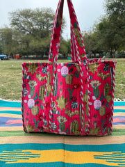 Boho Tote Bag Large Reversible Quilted Velvet Cotton | Beach Weekend Bag Eco friendly Sustainable Sturdy Grocery Shopping Ochre