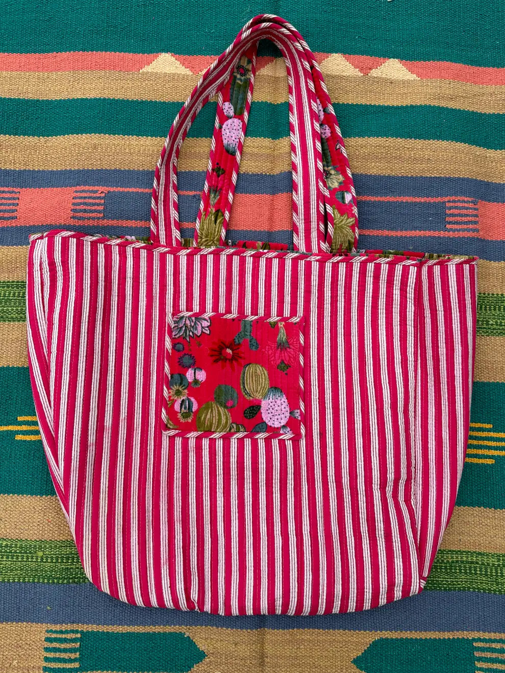 Boho Tote Bag Large Reversible Quilted Velvet Cotton | Beach Weekend Bag Eco friendly Sustainable Sturdy Grocery Shopping Ochre