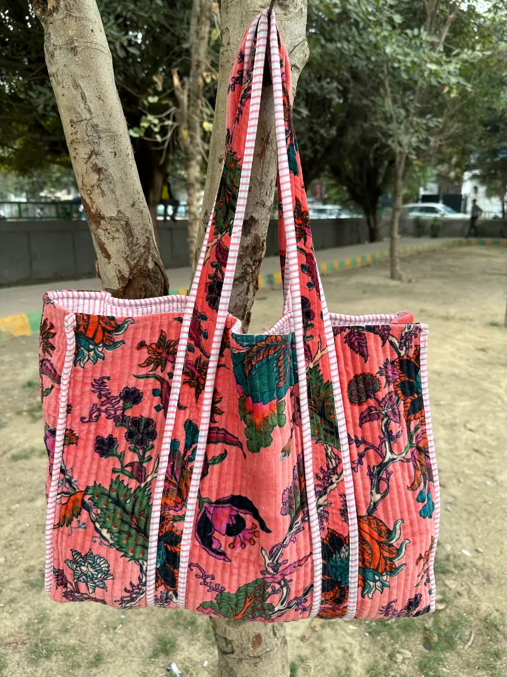 Boho Tote Bag Large Reversible Quilted Velvet Cotton | Beach Weekend Bag Eco friendly Sustainable Sturdy Grocery Shopping Ochre