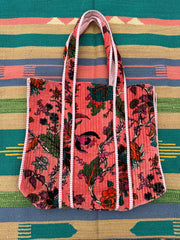 Boho Tote Bag Large Reversible Quilted Velvet Cotton | Beach Weekend Bag Eco friendly Sustainable Sturdy Grocery Shopping Ochre