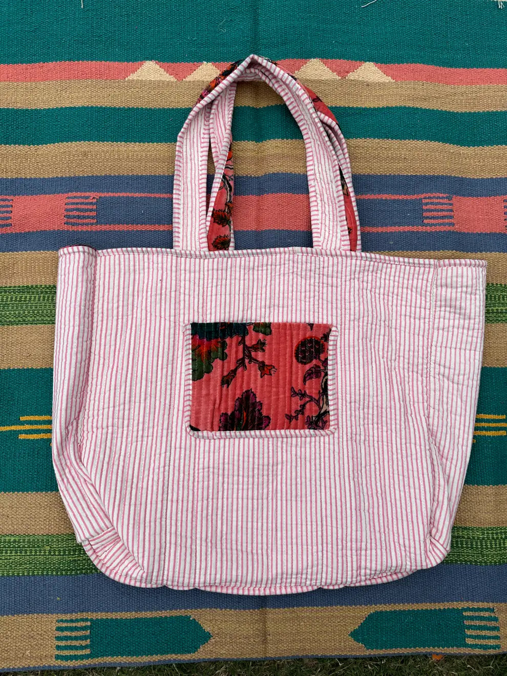 Boho Tote Bag Large Reversible Quilted Velvet Cotton | Beach Weekend Bag Eco friendly Sustainable Sturdy Grocery Shopping Ochre