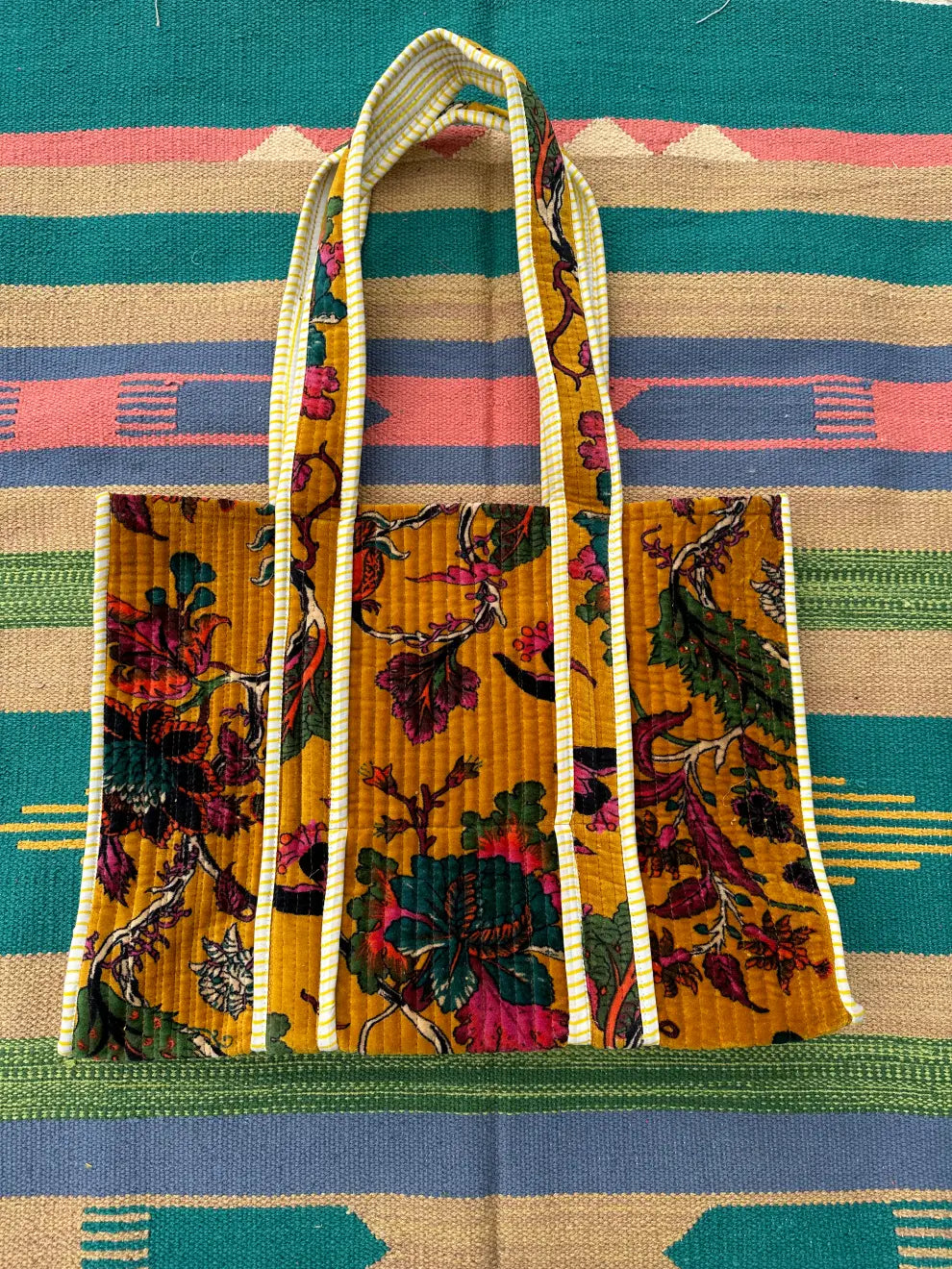 Boho Tote Bag Large Reversible Quilted Velvet Cotton | Beach Weekend Bag Eco friendly Sustainable Sturdy Grocery Shopping Ochre