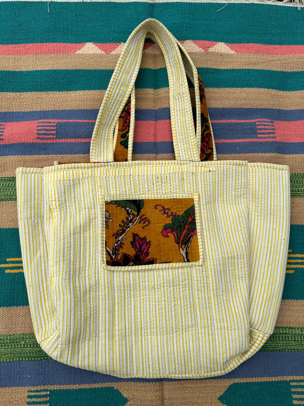 Boho Tote Bag Large Reversible Quilted Velvet Cotton | Beach Weekend Bag Eco friendly Sustainable Sturdy Grocery Shopping Ochre