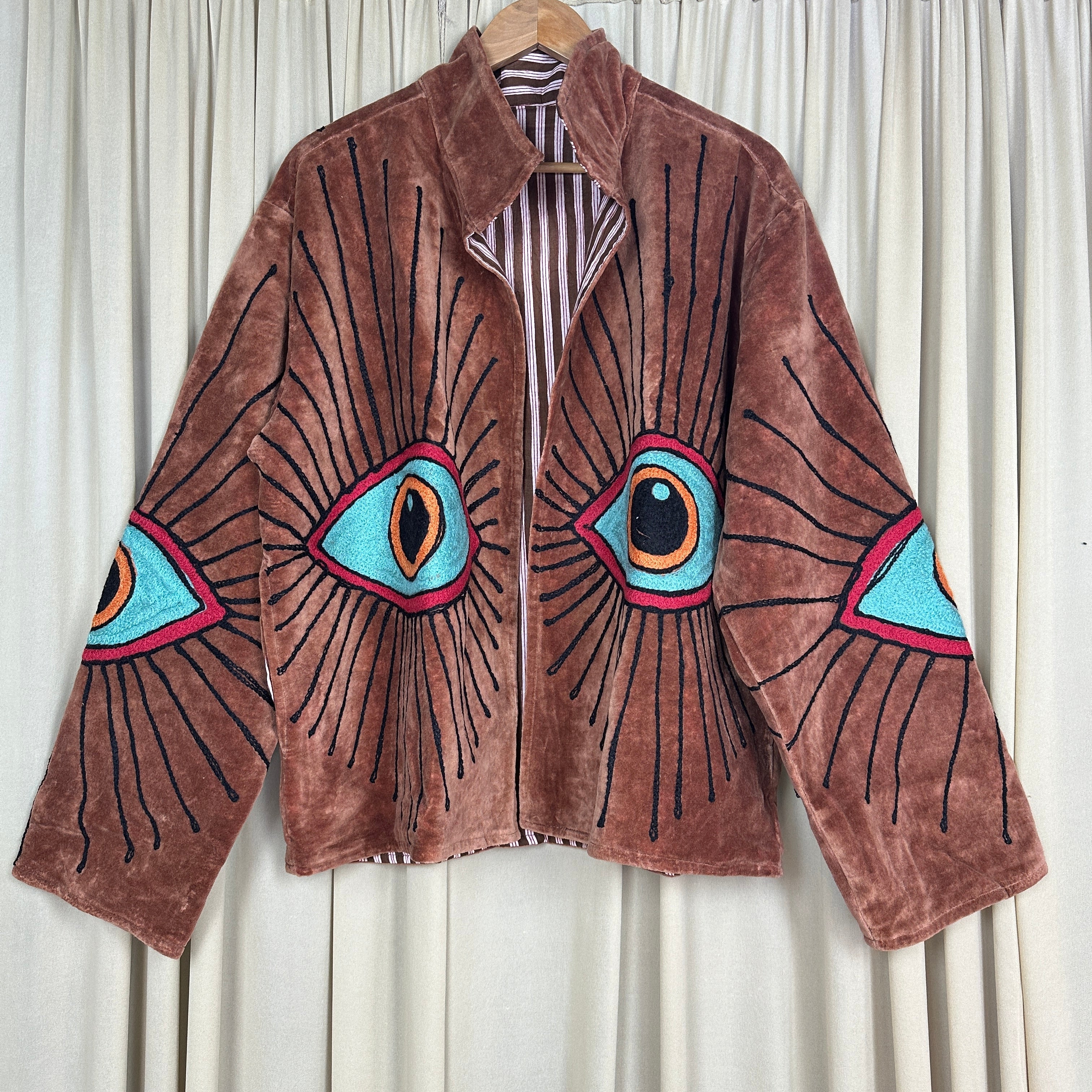 Boho Hand Embroidered Velvet Suzani Jacket | Brown Geometric Open Front Coat Winter Wear Free Size Retro Chic Free Size Robe Blazer for Her