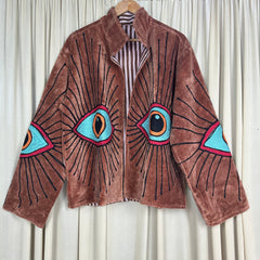 Boho Hand Embroidered Velvet Suzani Jacket | Brown Geometric Open Front Coat Winter Wear Free Size Retro Chic Free Size Robe Blazer for Her