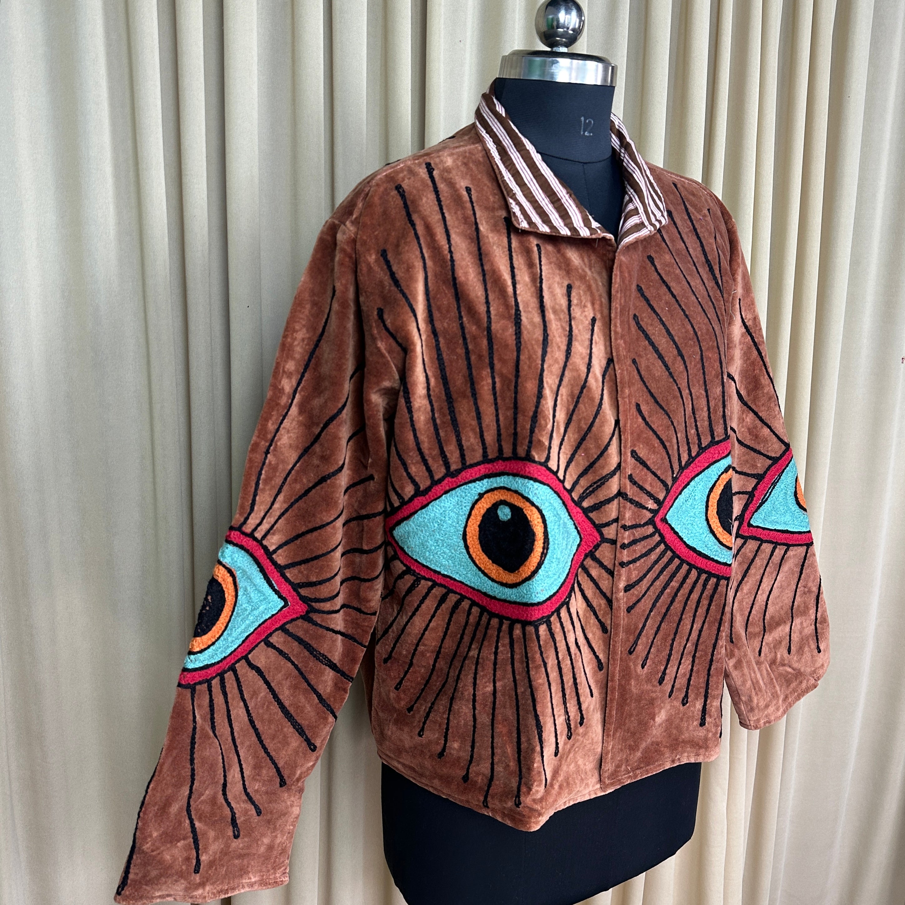 Boho Hand Embroidered Velvet Suzani Jacket | Brown Geometric Open Front Coat Winter Wear Free Size Retro Chic Free Size Robe Blazer for Her