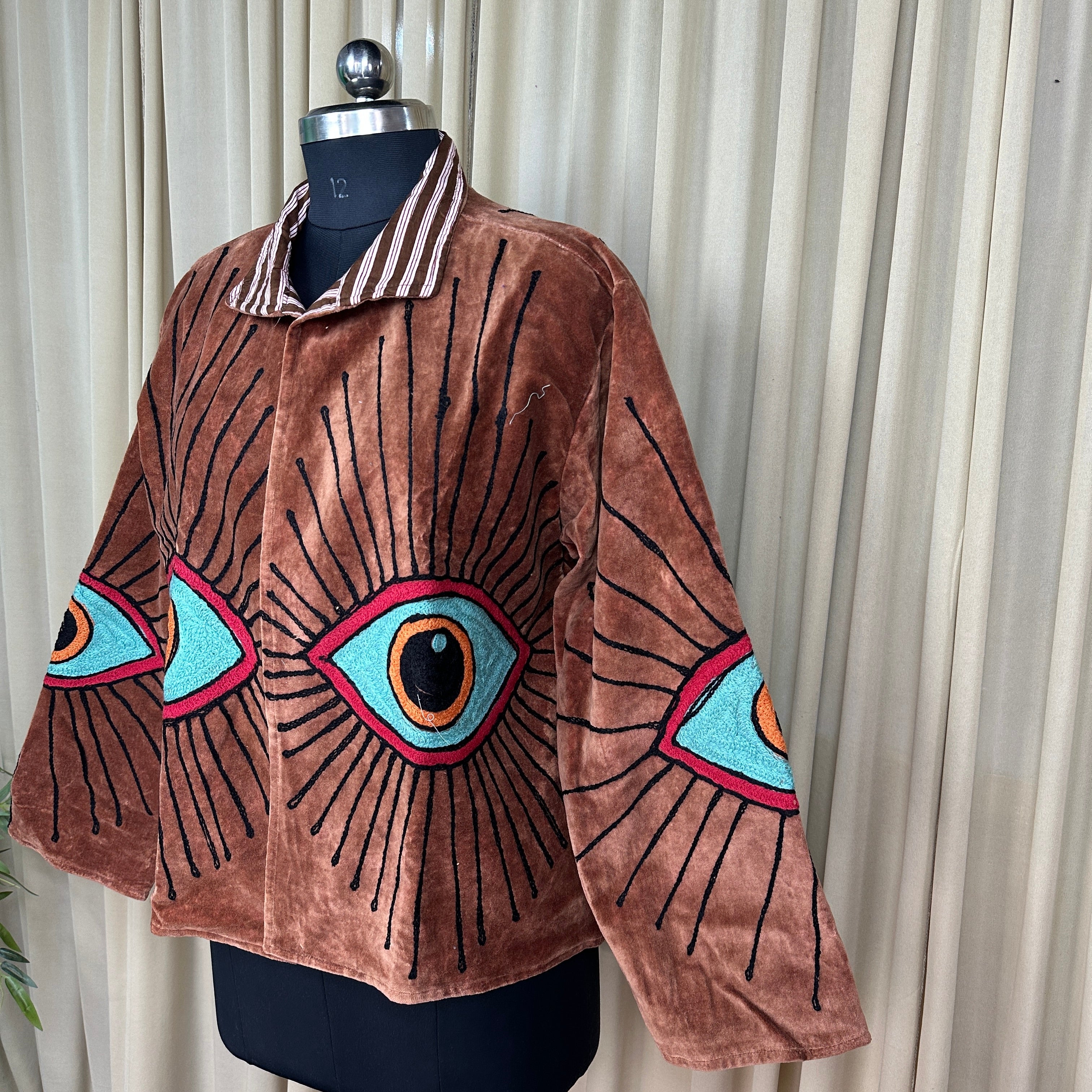 Boho Hand Embroidered Velvet Suzani Jacket | Brown Geometric Open Front Coat Winter Wear Free Size Retro Chic Free Size Robe Blazer for Her