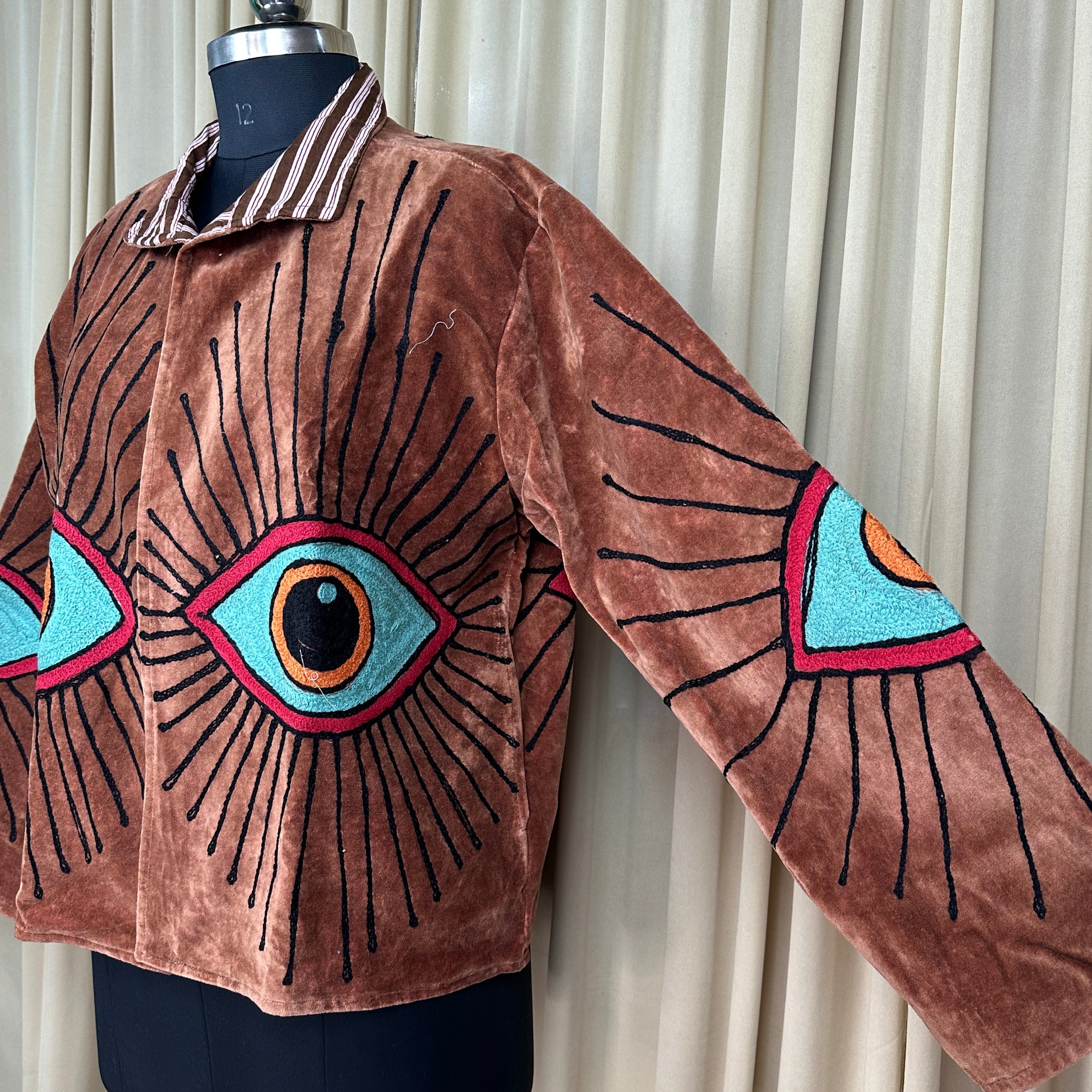 Boho Hand Embroidered Velvet Suzani Jacket | Brown Geometric Open Front Coat Winter Wear Free Size Retro Chic Free Size Robe Blazer for Her
