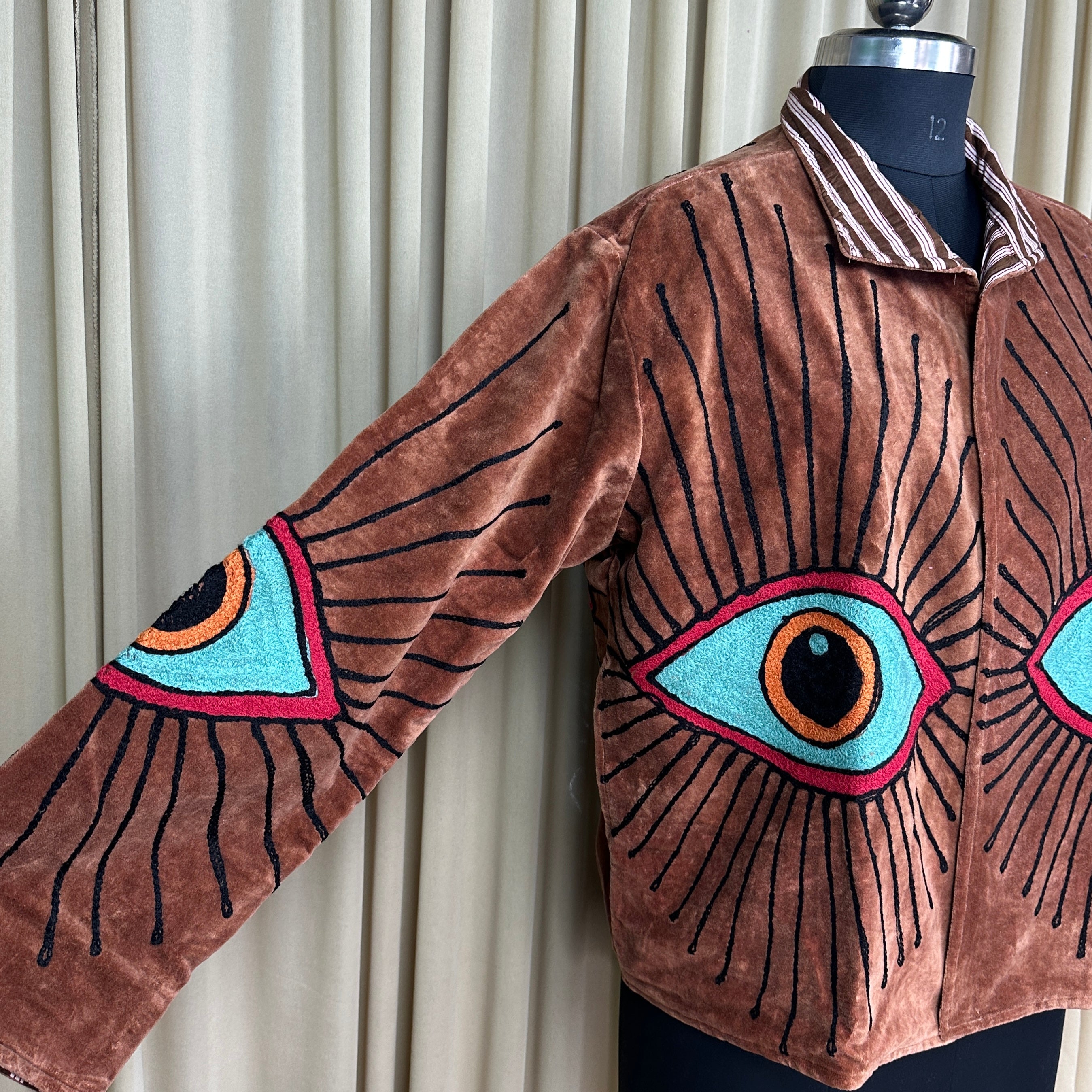 Boho Hand Embroidered Velvet Suzani Jacket | Brown Geometric Open Front Coat Winter Wear Free Size Retro Chic Free Size Robe Blazer for Her