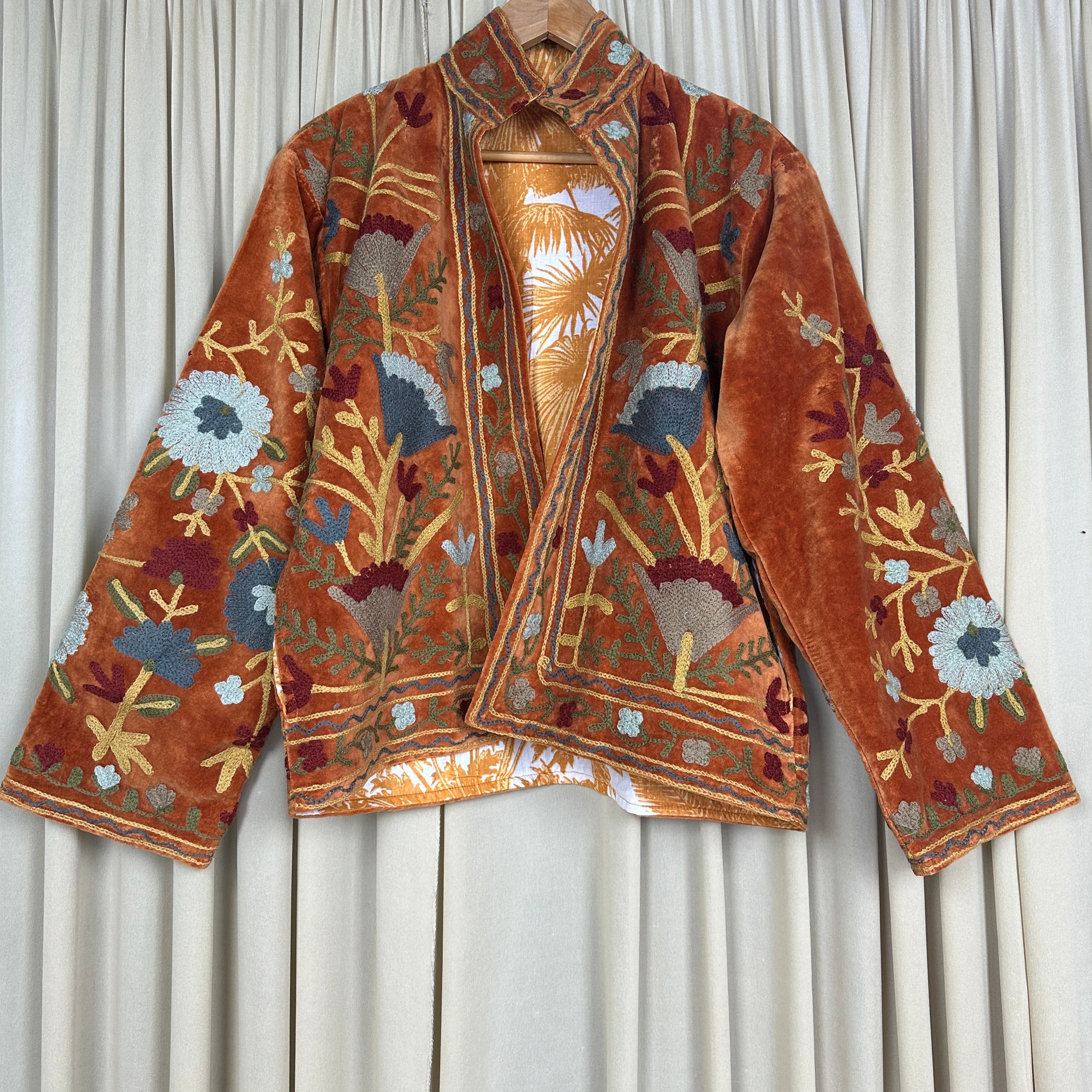 Boho Hand Embroidered Velvet Suzani Jacket, Brown Floral Open Front Coat Winter Wear Free Size Robe Retro Chic Free Size Robe Blazer for Her