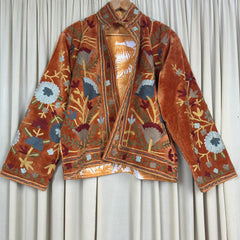Boho Hand Embroidered Velvet Suzani Jacket, Brown Floral Open Front Coat Winter Wear Free Size Robe Retro Chic Free Size Robe Blazer for Her
