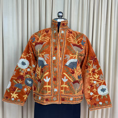 Boho Hand Embroidered Velvet Suzani Jacket, Brown Floral Open Front Coat Winter Wear Free Size Robe Retro Chic Free Size Robe Blazer for Her