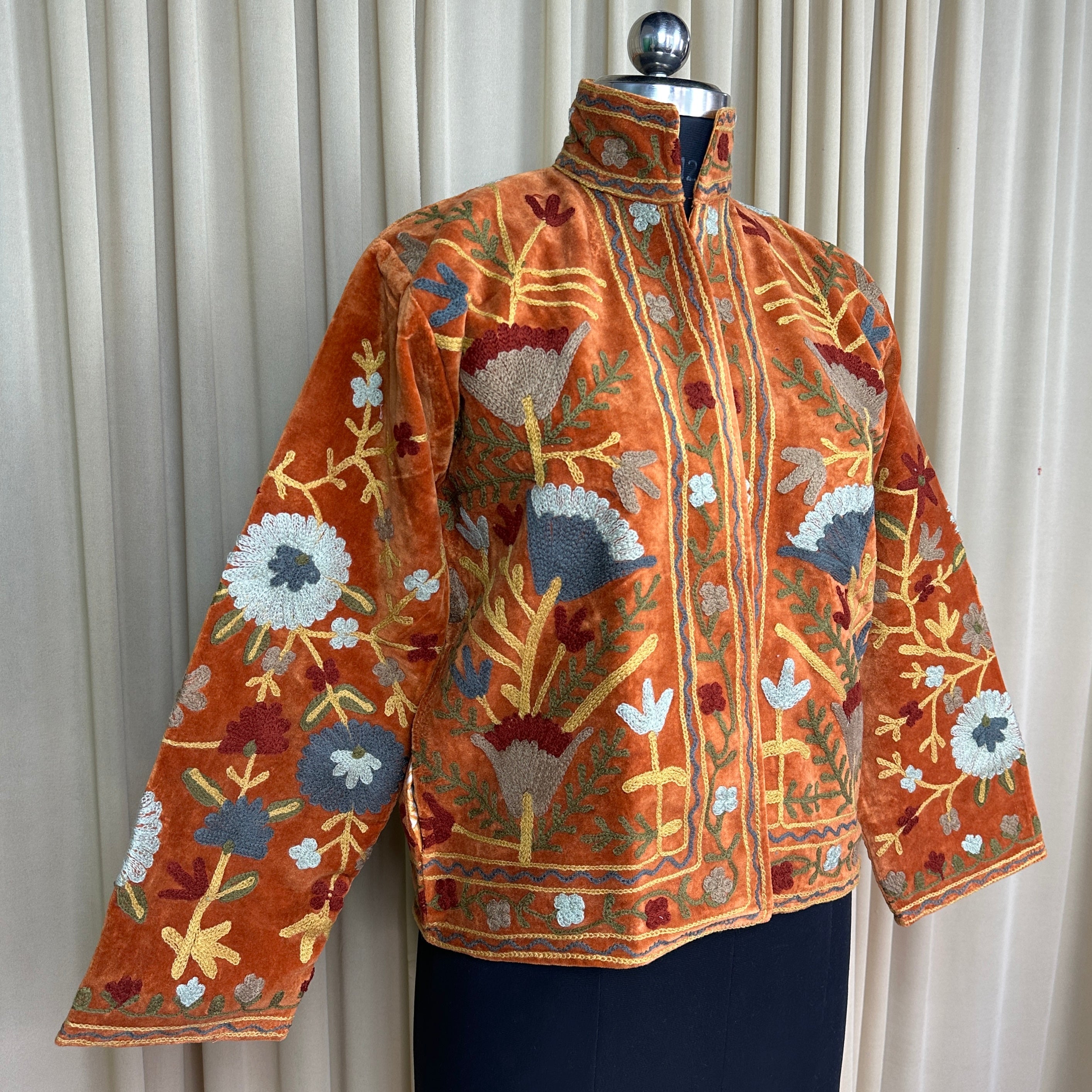 Boho Hand Embroidered Velvet Suzani Jacket, Brown Floral Open Front Coat Winter Wear Free Size Robe Retro Chic Free Size Robe Blazer for Her