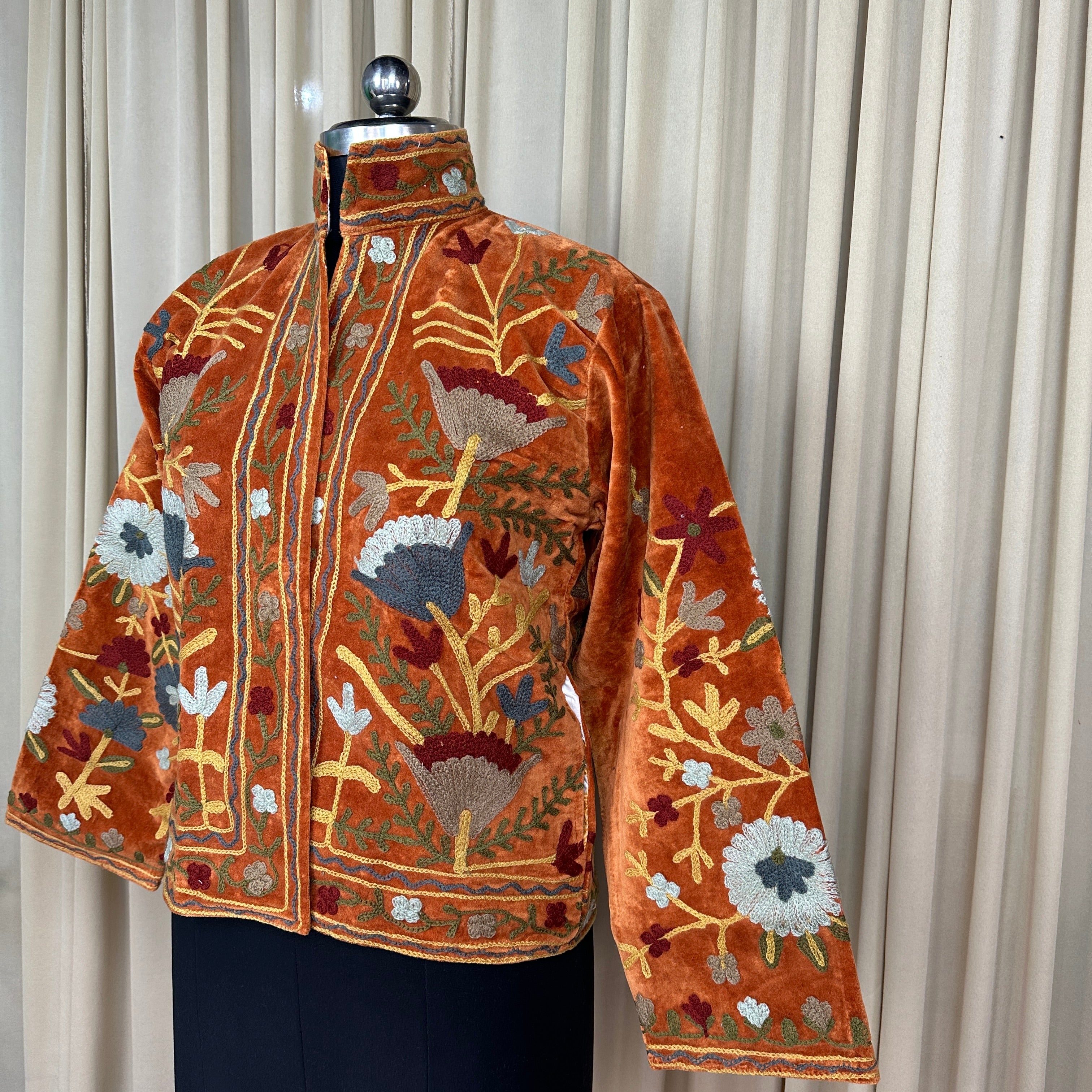 Boho Hand Embroidered Velvet Suzani Jacket, Brown Floral Open Front Coat Winter Wear Free Size Robe Retro Chic Free Size Robe Blazer for Her