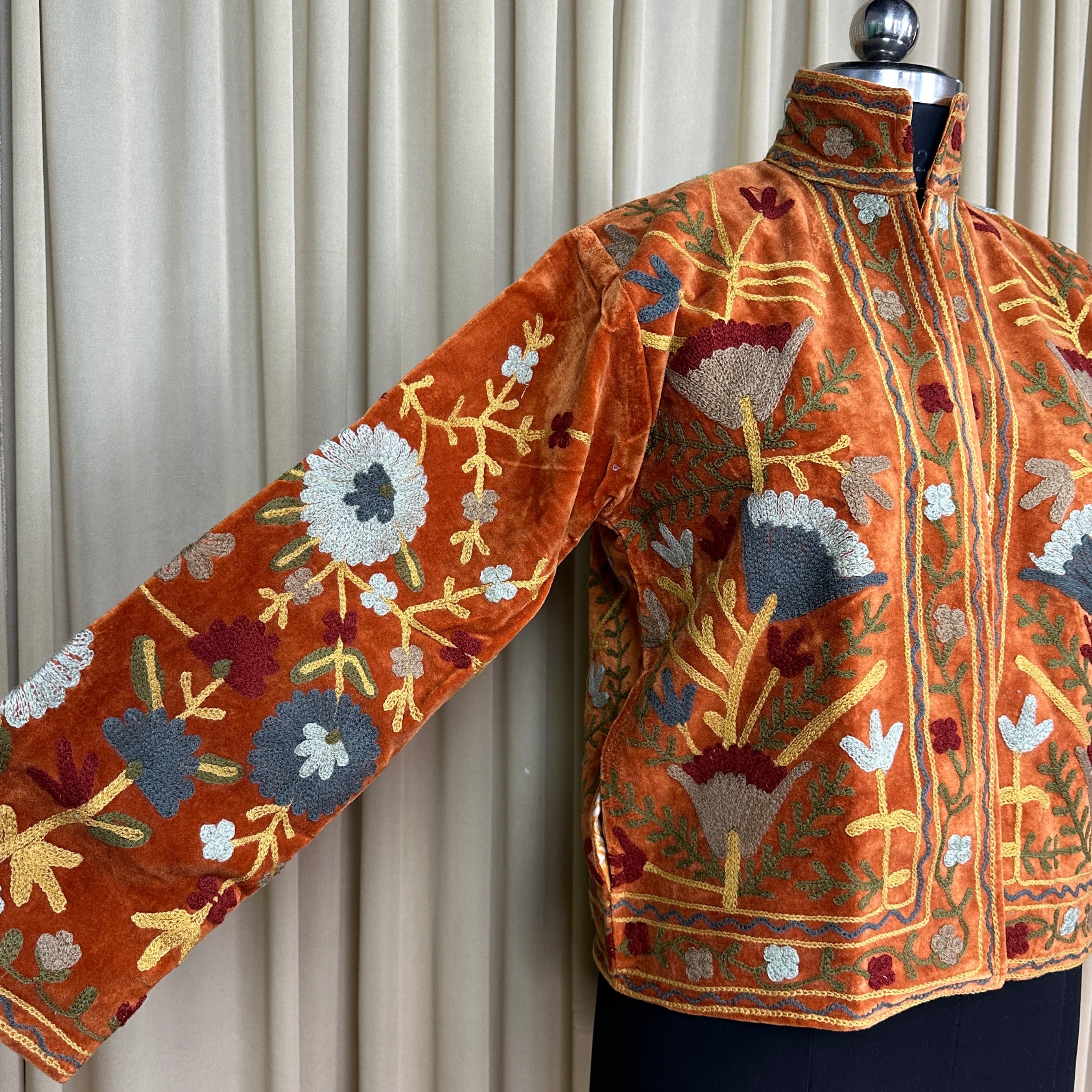 Boho Hand Embroidered Velvet Suzani Jacket, Brown Floral Open Front Coat Winter Wear Free Size Robe Retro Chic Free Size Robe Blazer for Her