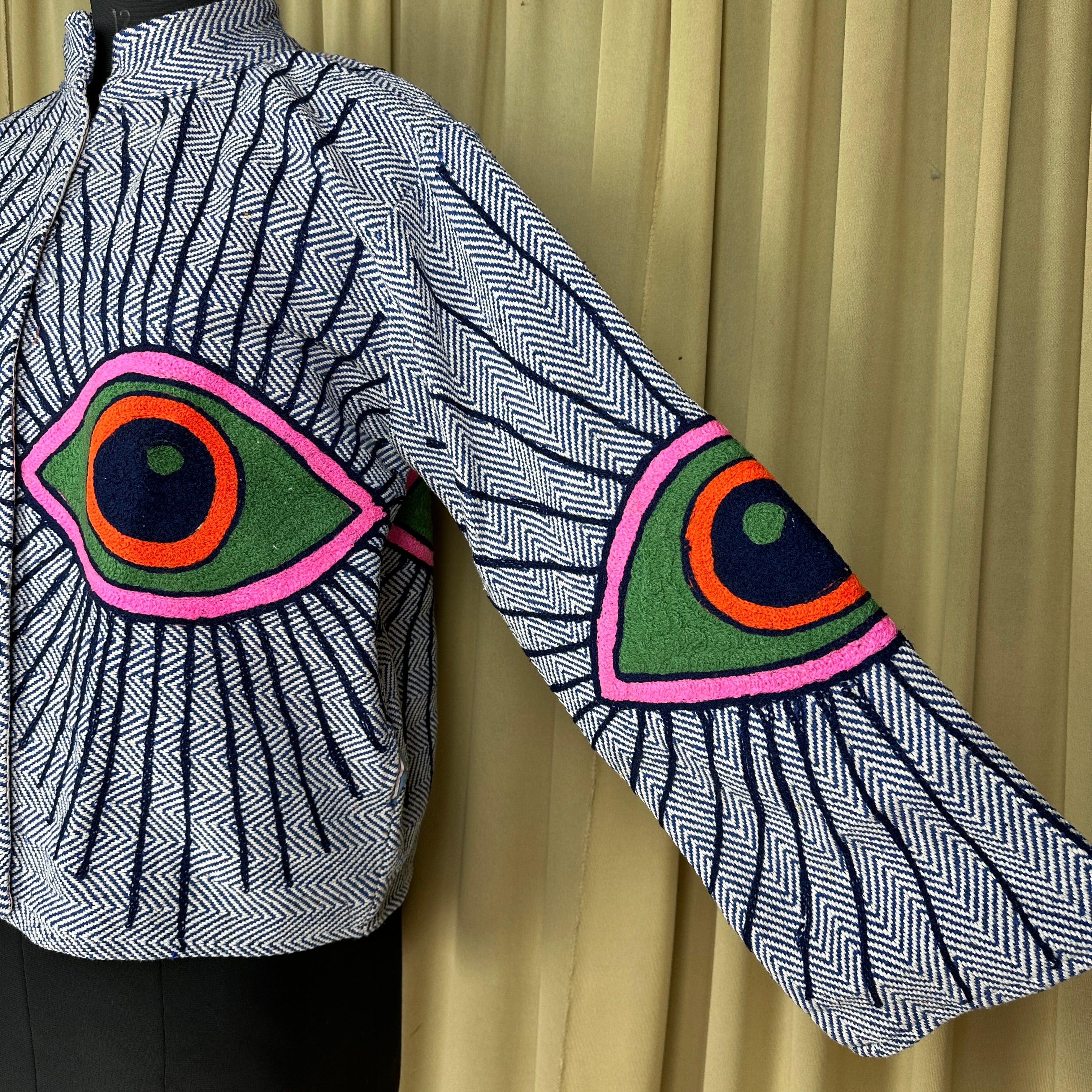 Boho Hand Embroidered Cotton Suzani Jacket | White Geometric Open Front Coat Winter Wear Free Size Retro Chic Free Size Robe Blazer for Her
