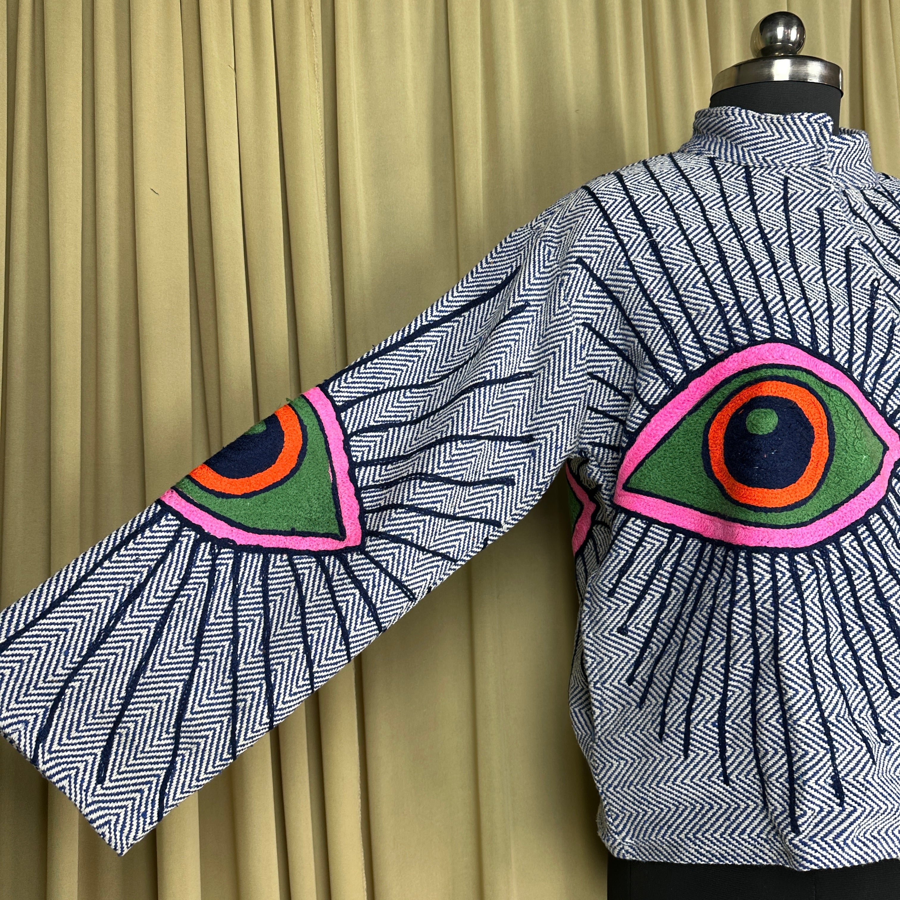 Boho Hand Embroidered Cotton Suzani Jacket | White Geometric Open Front Coat Winter Wear Free Size Retro Chic Free Size Robe Blazer for Her