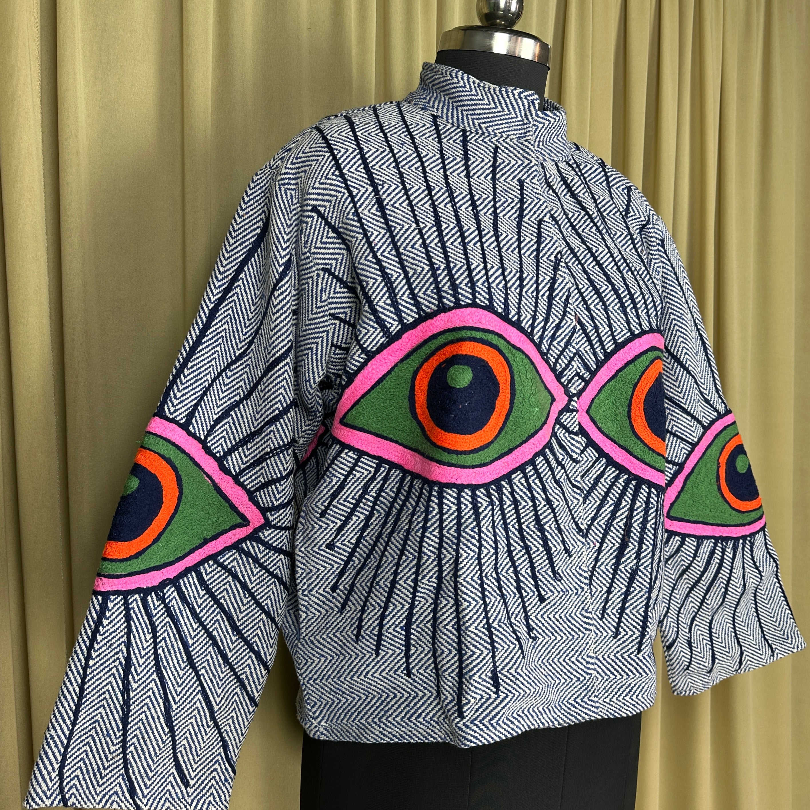Boho Hand Embroidered Cotton Suzani Jacket | White Geometric Open Front Coat Winter Wear Free Size Retro Chic Free Size Robe Blazer for Her
