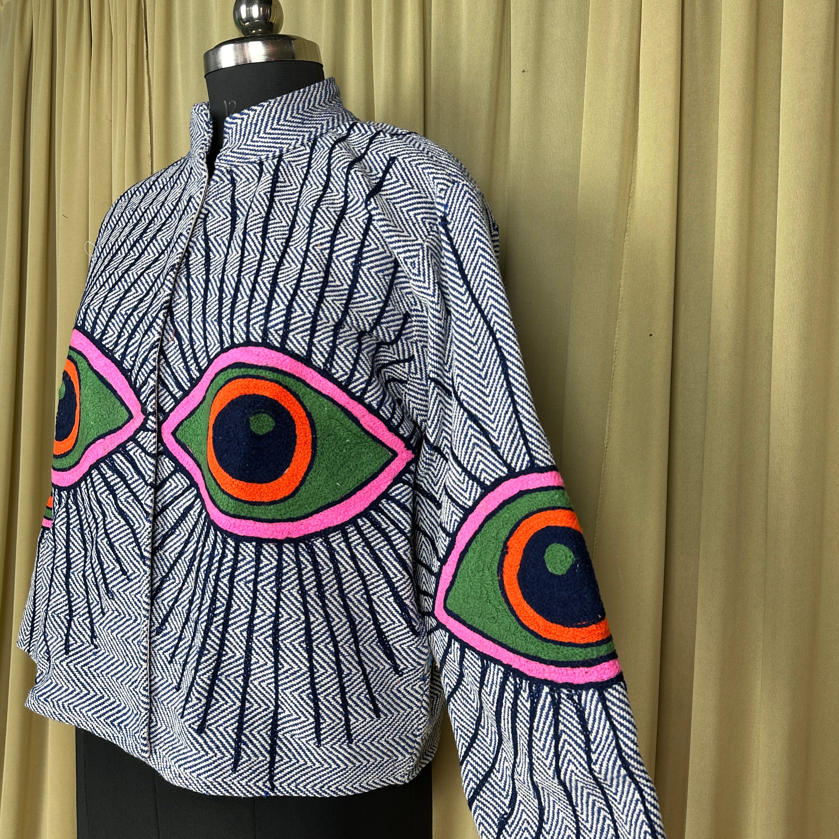 Boho Hand Embroidered Cotton Suzani Jacket | White Geometric Open Front Coat Winter Wear Free Size Retro Chic Free Size Robe Blazer for Her
