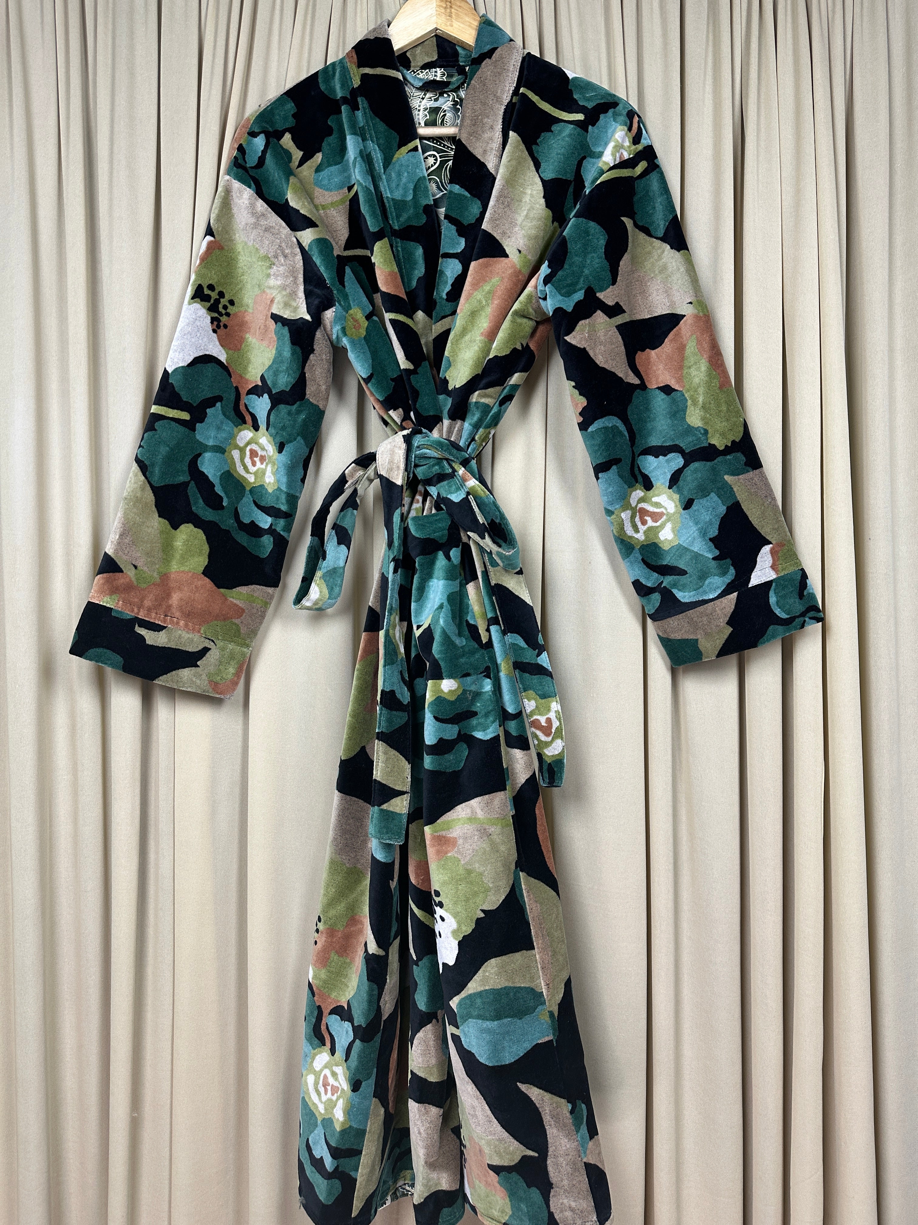 Luxury Velvet Kimono Unisex House Robe | Boho Jacket Autumn Winter Christmas Gift Elegant Reversible Silk Lined | Quirky Gown Black Floral