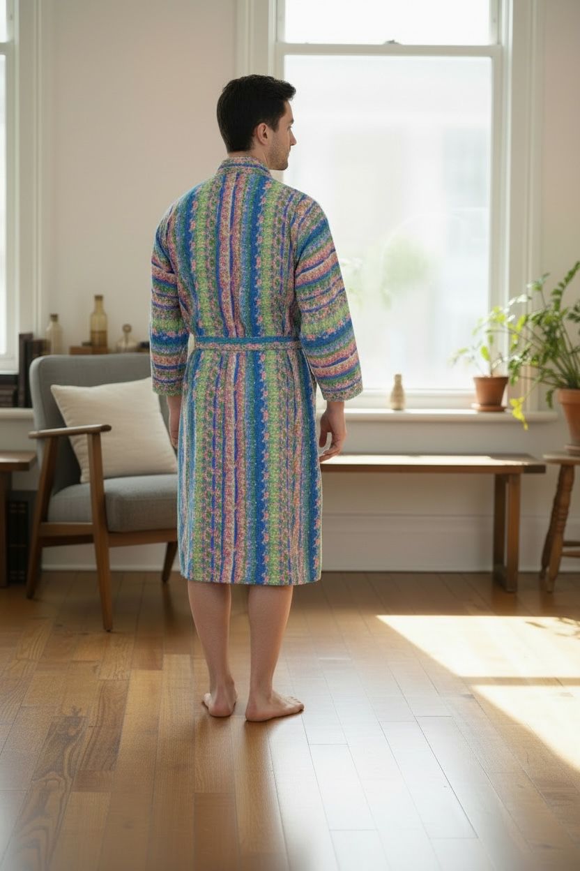 Boho Men's Soft Silk Kimono, Man Regal House Beach Robe, Geometric Persian King Elegant Pink Green Hues Beach Cover Up, Perfect Gift for Dad