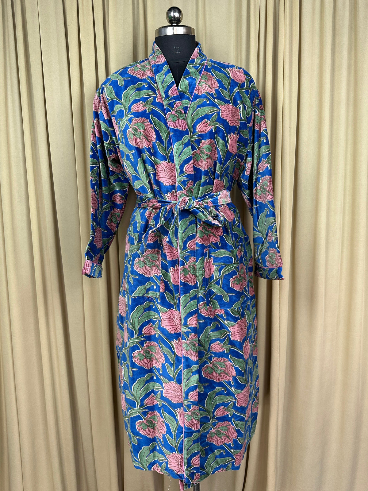 Luxury Velvet Kimono Unisex House Robe | Boho Jacket Autumn Winter Christmas Gift Elegant Reversible Cotton Lined | Quirky Gown Blue Floral