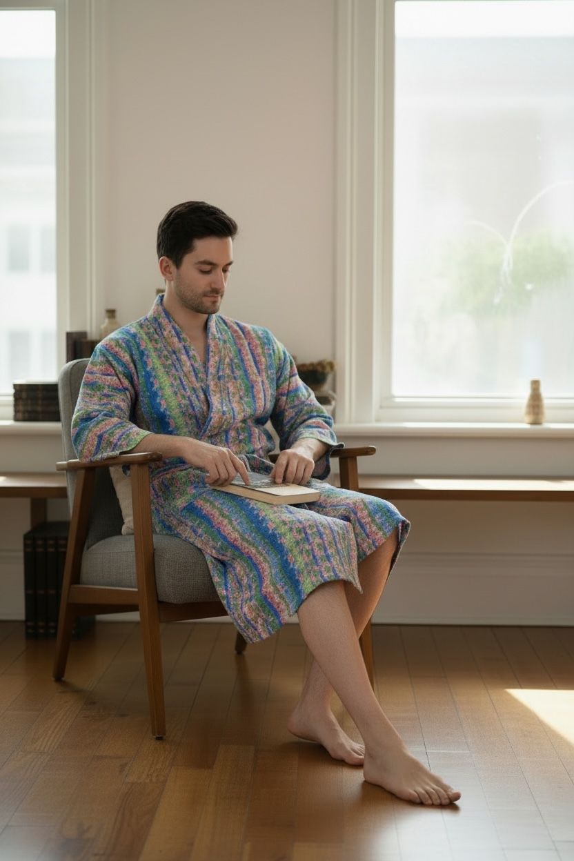 Boho Men's Soft Silk Kimono, Man Regal House Beach Robe, Geometric Persian King Elegant Pink Green Hues Beach Cover Up, Perfect Gift for Dad