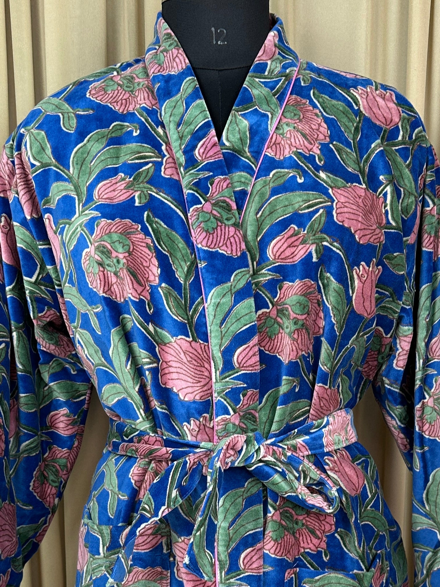 Luxury Velvet Kimono Unisex House Robe | Boho Jacket Autumn Winter Christmas Gift Elegant Reversible Cotton Lined | Quirky Gown Blue Floral