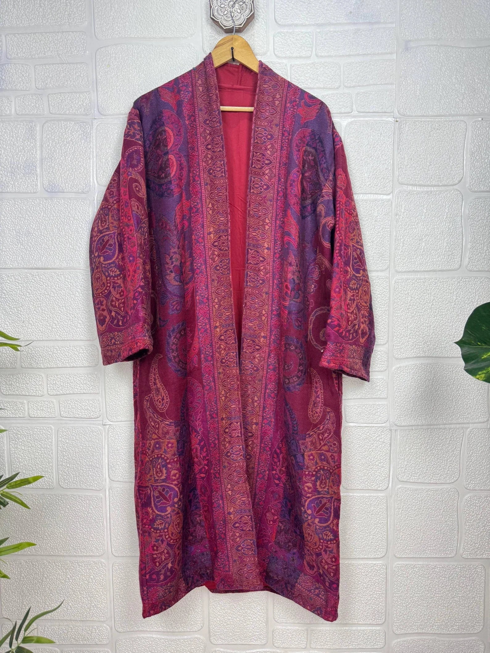 Handmade Merino Wool Kimono Robe: Paisley Floral Jacket, Elegant Cardigan