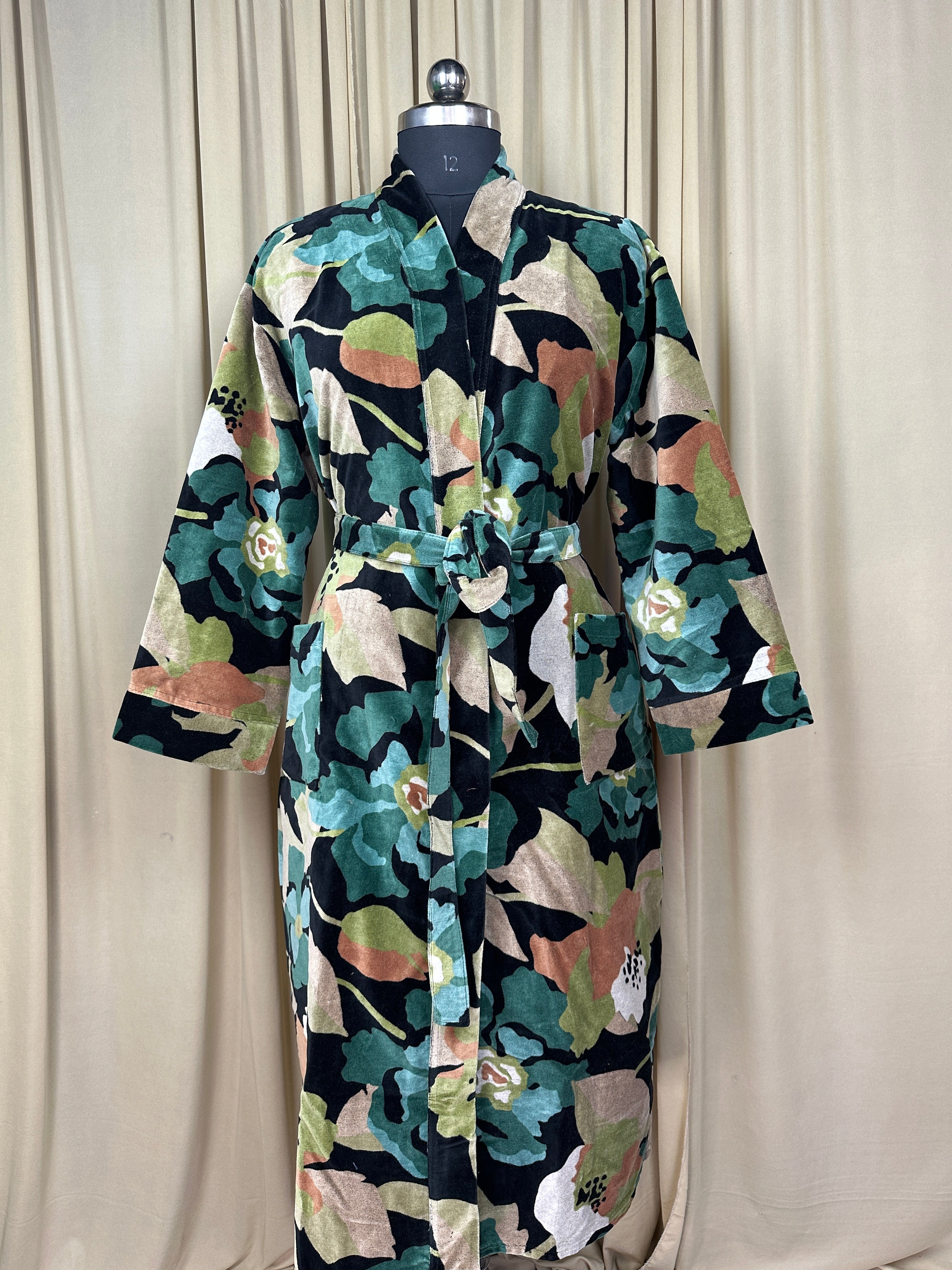 Luxury Velvet Kimono Unisex House Robe | Boho Jacket Autumn Winter Christmas Gift Elegant Reversible Silk Lined | Quirky Gown Black Floral